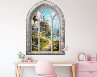 Magic Fairy Castle 3D Window Wall Sticker, Mushrooms, Removable Easy Peel & Stick Decals - SunflowerStickers