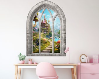 Magic Fairy Castle 3D Window Wall Sticker, Mushrooms, Removable Easy Peel & Stick Decals - SunflowerStickers