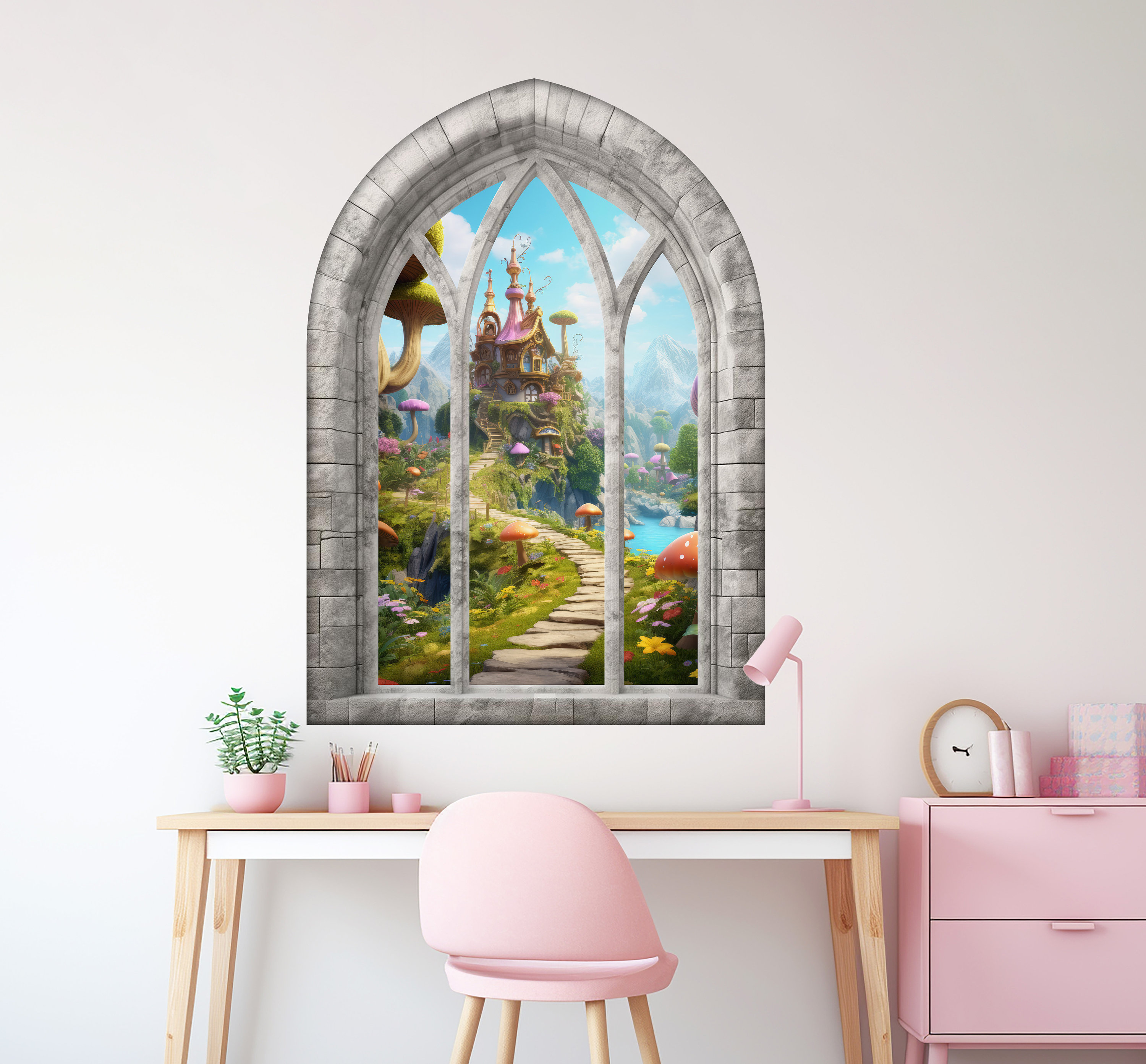 Magic Fairy Castle 3D Window Wall Sticker, Mushrooms, Removable Easy Peel & Stick Decals - SunflowerStickers