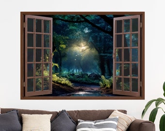 Fairytale Forest Landscape 3D Window Wall Sticker, Trees, Creek, Sunlight, Removable Easy Peel & Stick Decals - SunflowerStickers