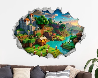 Block Video Game Landscape Wall Decal: 3D Hole Effect, Gaming Decor