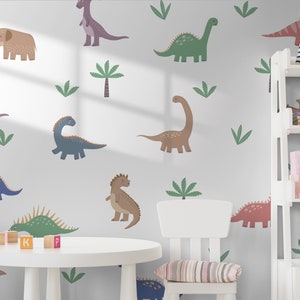 Dinosaurs Set of Wall Stickers, Various Dinos, Green Leafs, Palms, Removable Easy Peel & Stick Decals - SunflowerStickers