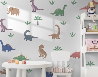 Dinosaurs Set of Wall Stickers, Various Dinos, Green Leafs, Palms, Removable Easy Peel & Stick Decals - SunflowerStickers