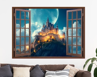 Könnte beinhalten: Ein Fensterblick auf ein märchenhaftes Schloss auf einem Berggipfel mit einem Vollmond am Himmel. Das Schloss ist mit warmen Lichtern beleuchtet und hat eine märchenhafte Atmosphäre.