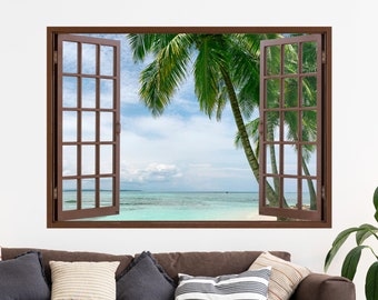 Palm Trees 3D Window Wall Sticker, Beach, Sea, Removable Easy Peel & Stick Decals - SunflowerStickers