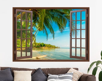 Beach 3D Window Wall Sticker, Palm Trees, Sea, Removable Easy Peel & Stick Decals - SunflowerStickers