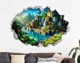 Block Video Game Landscape Wall Decal: 3D Hole Effect, Gaming Decor