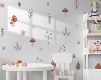 Forest Set of Wall Stickers, Watercolor Mushrooms, Leafs, Flowers, Removable Easy Peel & Stick Decals - SunflowerStickers