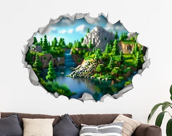 Block Video Game Landscape Wall Decal: 3D Hole Effect, Gaming Decor