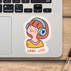 Good Life Laptop Sticker, Girl With Headphones Sticker, Mackbook Vinyl Sticker, Cartoon Sticker - SunfloweerStickers