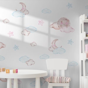 Clouds Set of Wall Stickers, Watercolor Clouds, Moon, Sun, Stars, Removable Easy Peel & Stick Decals - SunflowerStickers