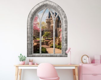 Magic Castle 3D Window Wall Sticker, Pink Trees, Royal Garden, Fountain, Fairytale, Removable Easy Peel & Stick Decals - SunflowerStickers