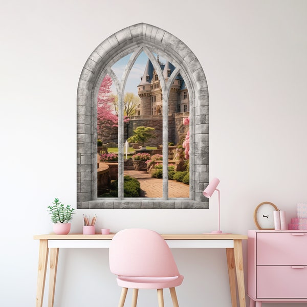 Adesivo da parete per finestra 3D del castello magico, alberi rosa, giardino reale, fontana, fiaba, decalcomanie rimovibili facili da staccare e incollare - SunflowerStickers