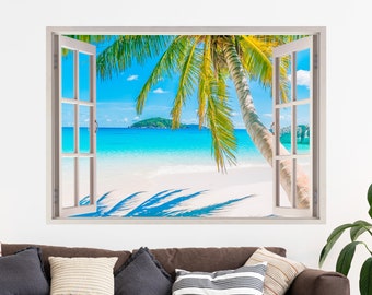 Beach 3D Window Wall Sticker, Palm Trees, Sea, Island, Removable Easy Peel & Stick Decals - SunflowerStickers