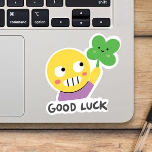 Good Luck Laptop Sticker, Smiling Boy With Fourleaf Clover Sticker, Mackbook Vinyl Sticker, Cartoon Sticker - SunfloweerStickers