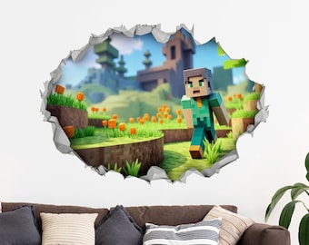 Block Video Game Landscape Wall Decal: 3D Hole Effect, Gaming Decor