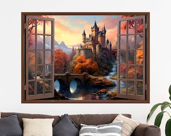 Könnte beinhalten: Digitaldruck eines Burgmotivs, das durch ein offenes Fenster betrachtet wird. Die Burg thront auf einem Hügel, umgeben von Herbstlaub. Ein Wasserfall und eine Steinbrücke sind ebenfalls zu sehen. Der Himmel zeigt eine Mischung aus Orange, Rosa und Blau.