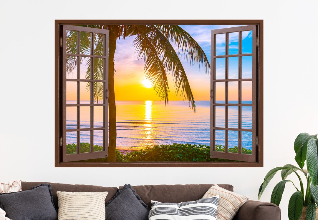 Beach View 3D Window Wall Sticker: Removable Palm Tree Decal - Etsy