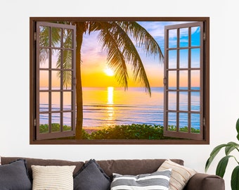 Beach View 3D Window Wall Sticker: Removable Palm Tree Decal