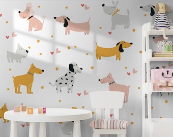 Muurstickers honden: teckel, dalmatiër, poedel, hartjes en sterren