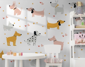 Juego de pegatinas de pared para perros, perro salchicha, dálmata, caniche, corazones, estrellas, calcomanías removibles fáciles de despegar y pegar - GirasolStickers