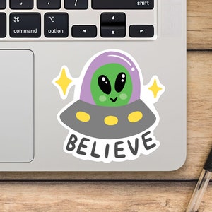 Believe Laptop Sticker, Alien in Ufo With Stars Sticker, Mackbook Vinyl Sticker, Cartoon Sticker - SunfloweerStickers