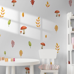 Muurstickers bos aquarel: stickers paddestoel, blad, bloem