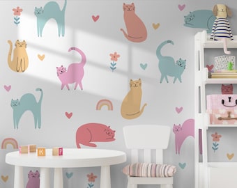 Katten set muurstickers, schattige handgetekende huisdieren, harten, regenbogen, bloemen, verwijderbare, eenvoudig te verwijderen stickers - stickers zonnebloem