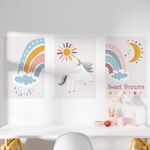 Eenhoorn set muurstickers, cartoonpaard, regenboog, maan, 6 verschillende frametypes, verwijderbare Easy Peel & Stick-stickers - ZonnebloemStickers