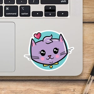 Colorful Kitty With Heart Laptop Sticker, Kawaii Cat Sticker, Mackbook Vinyl Sticker, Cartoon Sticker - SunfloweerStickers