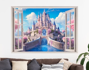 Castle 3D Window Wall Sticker, Pink Trees, Fairy Tale, Removable Easy Peel & Stick Decals - SunflowerStickers