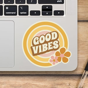 Good Vibes-laptopsticker, retrosticker pastelbloem, mackbook-vinylsticker, cartoonsticker - SunflowerStickers