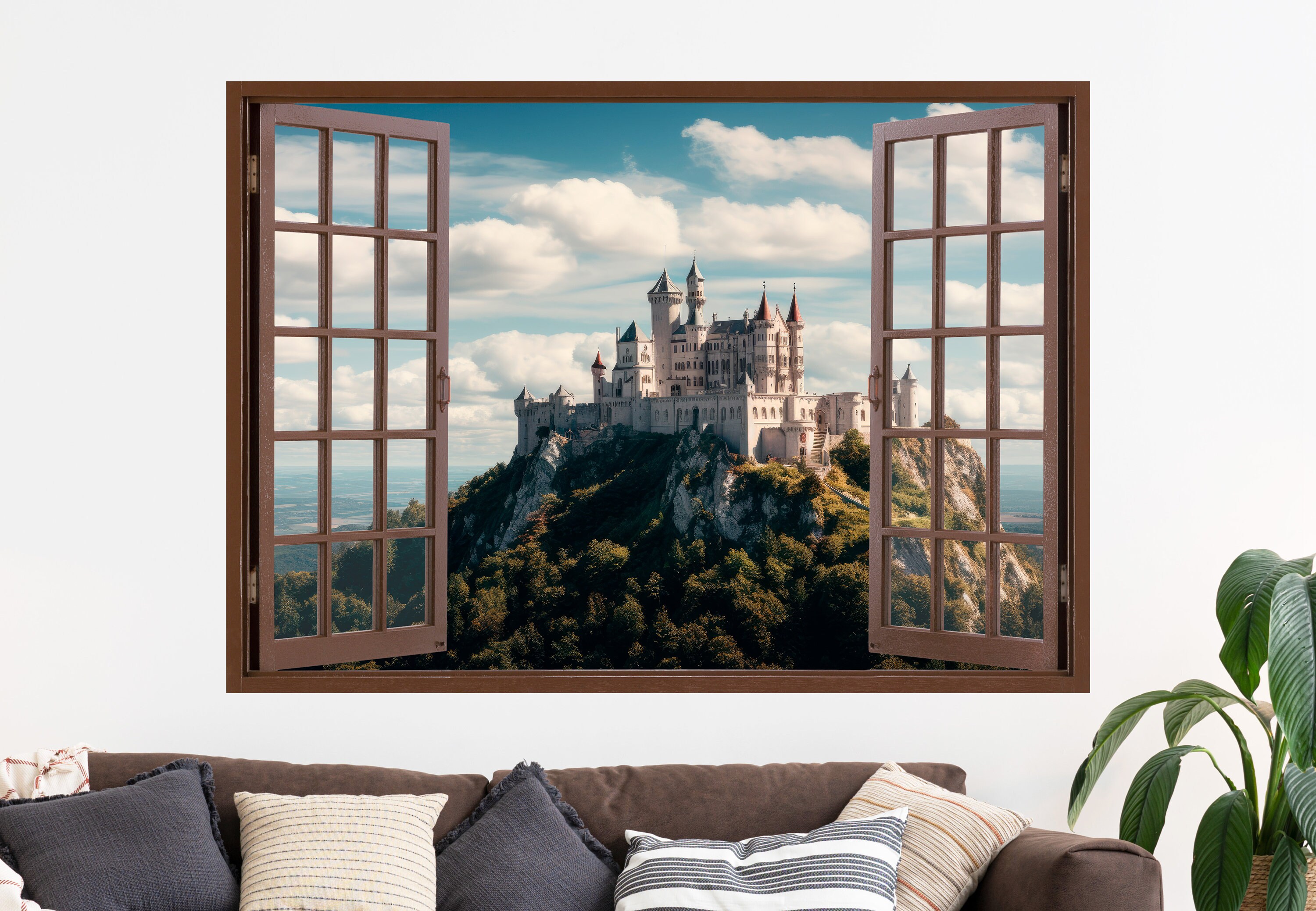 Magic Castle 3D Window Wall Sticker, Landscape, Clouds, Removable Easy ...