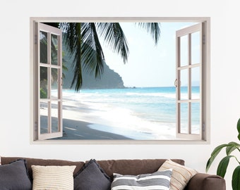 Sea View Window Wall Sticker: Beach Palm Tree Decal