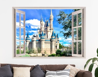 Castle 3D Window Wall Sticker, Trees, Clouds, Disney Castle, Removable Easy Peel & Stick Decals - SunflowerStickers