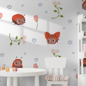 Ladybugs Set of Wall Stickers, Ladybugs, Flowers, Tulips, Removable Easy Peel & Stick Decals - SunflowerStickers