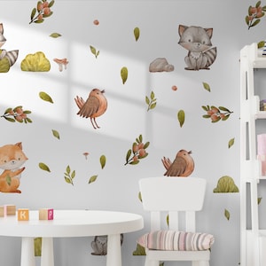 Forest Animals Set of Wall Stickers, Badger, Fox, Bird, Leaf, Mushroom, Stone, Removable Easy Peel & Stick Decals - SunflowerStickers