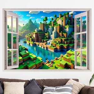 以下が含まれることがあります： 白い窓枠に囲まれた、ピクセル化された風景シーンを描いた鮮やかなウォールアート。このアートワークは、ビデオゲーム環境を彷彿とさせる、緑、茶色、青の色合いの川、滝、ブロック状の地形を特徴としています。