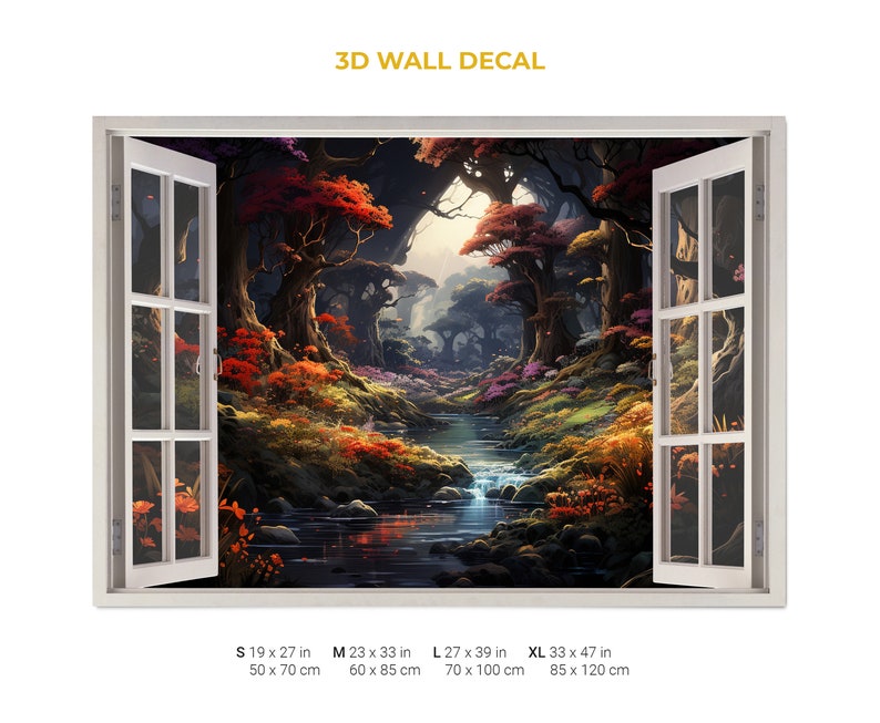 Fairytale Forest Landscape 3D Window Wall Sticker, Trees, Creek