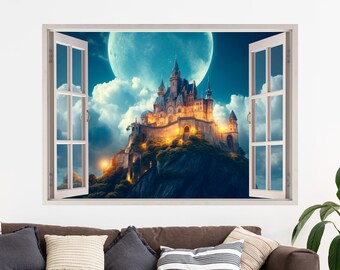 Magisches Schloss Fensteransicht Wandaufkleber: Ablösbarer Peel & Stick Abziehbild