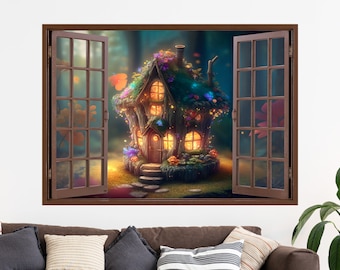 Fairy House Window View Wall Sticker: Removable Forest Landscape Decal