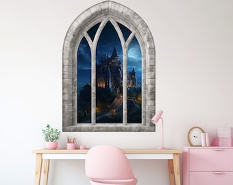 Magic Castle 3D Window Wall Sticker, Night Castle, Moon, Fairytale, Removable Easy Peel & Stick Decals - SunflowerStickers
