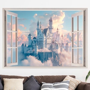 May include: A white castle with many towers sits on a cloud in a sky with pink and blue clouds. The castle is seen through a white window frame.