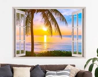 Beach View 3D Wall Decal: Palm Tree Sunrise Removable Sticker