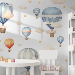 Balloons Set of Wall Stickers, Watercolor Hot Air Balloons, Clouds, Stars, Removable Easy Peel & Stick Decals - SunflowerStickers