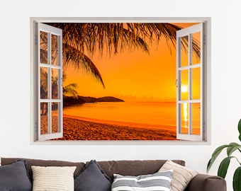 Beach 3D Window Wall Sticker, Palm Trees, Sea, Sunset, Removable Easy Peel & Stick Decals - SunflowerStickers