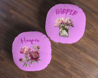 Personalized Customized Seatcushion with name and peony design, November birth flower cushion for meditation, reading, Tufted Floor Pillow