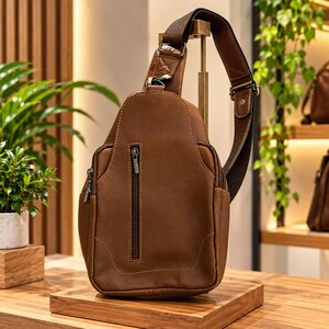 May include: A brown leather sling bag featuring a vertical zippered front pocket, visible contrast stitching, and an adjustable dark brown fabric shoulder strap with metal hardware attachments, designed for carrying personal items.