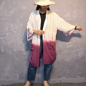 Tie Dye Rayon Kimono Robe: White and Wine Loungewear