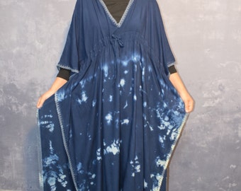 Blue Tie Dye Rayon Kaftan Dress: Bohemian Beach Cover-Up
